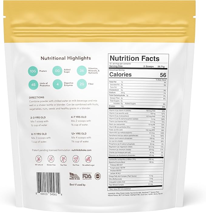 Kids Healthy Protein Powder Shake- 36 Essential Vitamins, 10g Whey Protein, Weight Gain Drink Mix for Kids, Digestive Enzyme Probiotics, Snack for Kids Growth12.25 oz