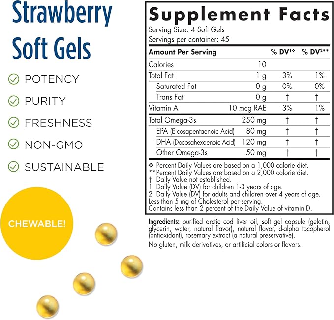Nordic Naturals Pro DHA Junior, Strawberry - 180 Mini Chewable Soft Gels - 250 mg Total Omega-3s with EPA & DHA - Brain Development & Visual Function - Non-GMO - 45 Servings