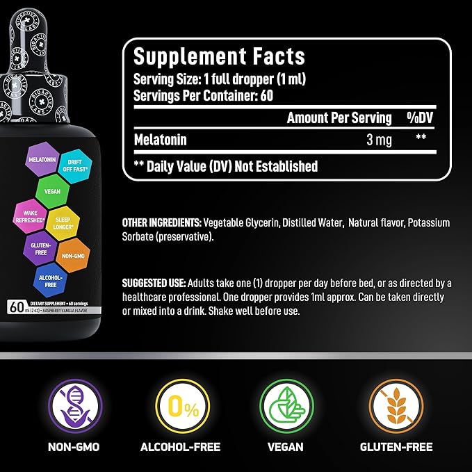 Liquid Melatonin for Adults and Children - 3mg Extra Strength Sublingual Liquid Melatonin for Kids and Adults - Sleep Fast Liposomal Drops - Natural Raspberry Flavor Sleep Aid - 60ml