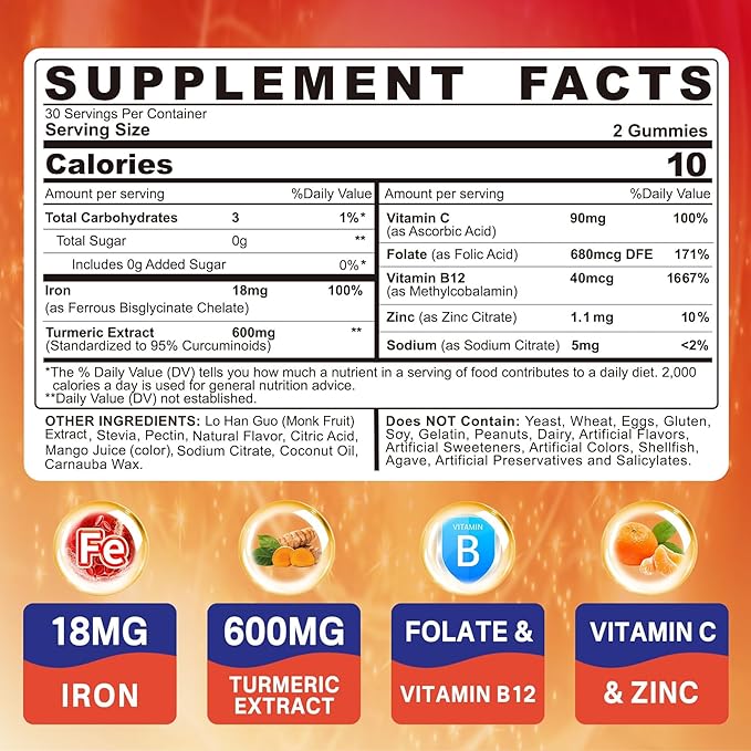 Vegan Iron Gummies Supplement with Vitamin C, B12, Folate & Turmeric - Energy & Immune Health | Gummy Iron Bisglycinate 18mg Gentle & Non-Constipating for Iron Deficiency, Anemia Women Men, 2 Pack