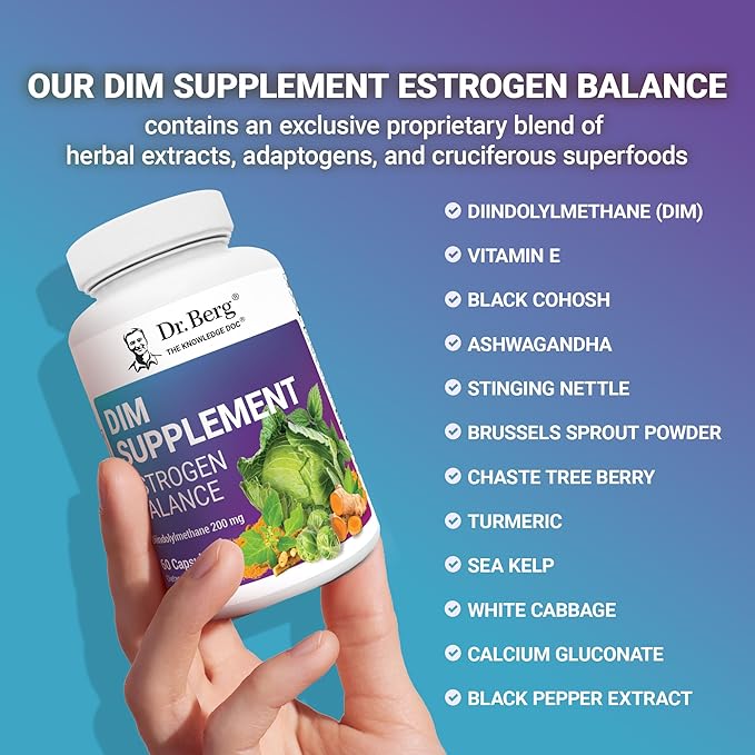 Dr. Berg DIM Supplement Estrogen Balance - Original Estrogen Supplement for Women with Diindolylmethane for Menstrual Symptoms & Menopause Relief & Black Pepper for Enhanced Absorption - 60 Capsules
