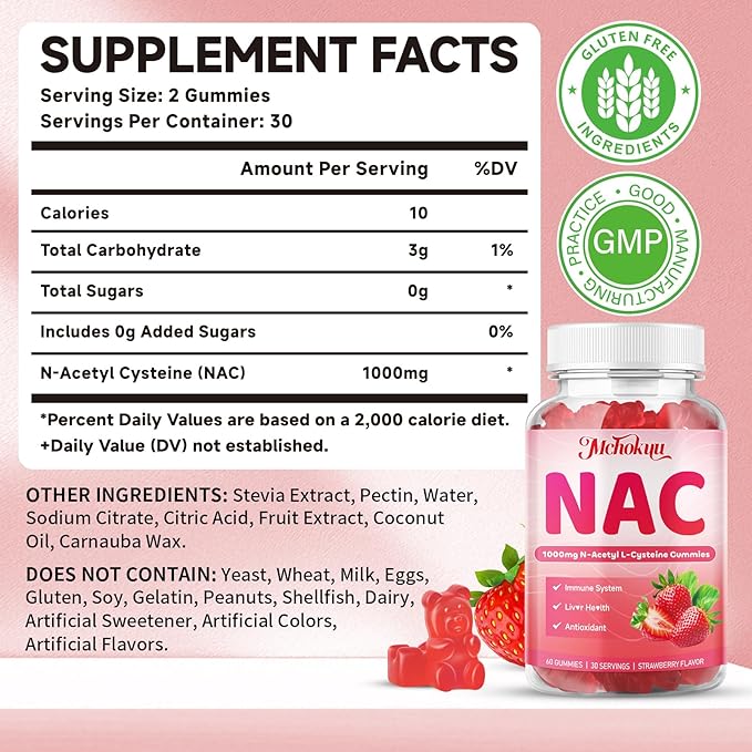 NAC Gummies 1000mg, N-Acetyl Cysteine Supplement for Adults & Kids Immune Support Liver Detox & Lung Health Antioxidant Supplement, Sugar-Free, Vegan, Strawberry Flavor, 120 Gummies