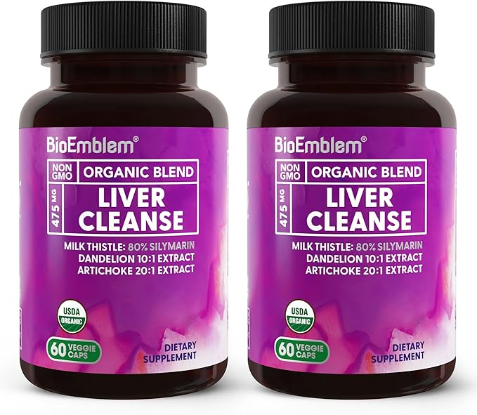 BioEmblem USDA Organic Liver Cleanse - 80% Silymarin Milk Thistle Extract for Liver Health and Liver Function with Dandelion & Artichoke Extracts - 100% Vegan, Non-GMO - Herbal Liver - 120 Capsules