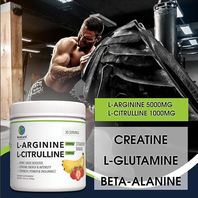 L-Arginine 5000mg + L-Citrulline Complex Powder Supplement Drink Mix - Nitric Oxide Booster for Heart Health, Blood Flow & Energy - 30 Servings (Strawberry Banana)