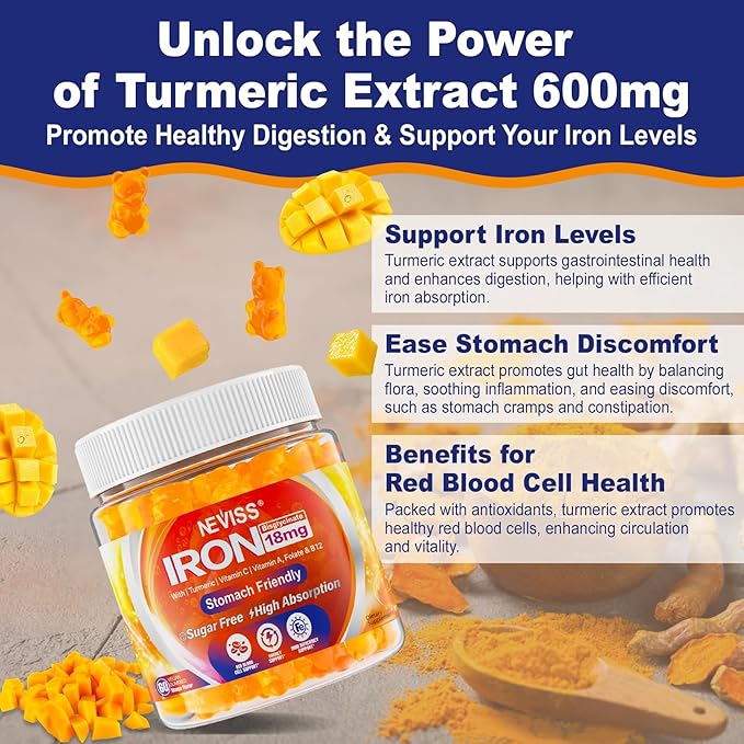 Vegan Iron Gummies Supplement with Vitamin C, B12, Folate & Turmeric - Energy & Immune Health | Gummy Iron Bisglycinate 18mg Gentle & Non-Constipating for Iron Deficiency, Anemia Women Men, 2 Pack