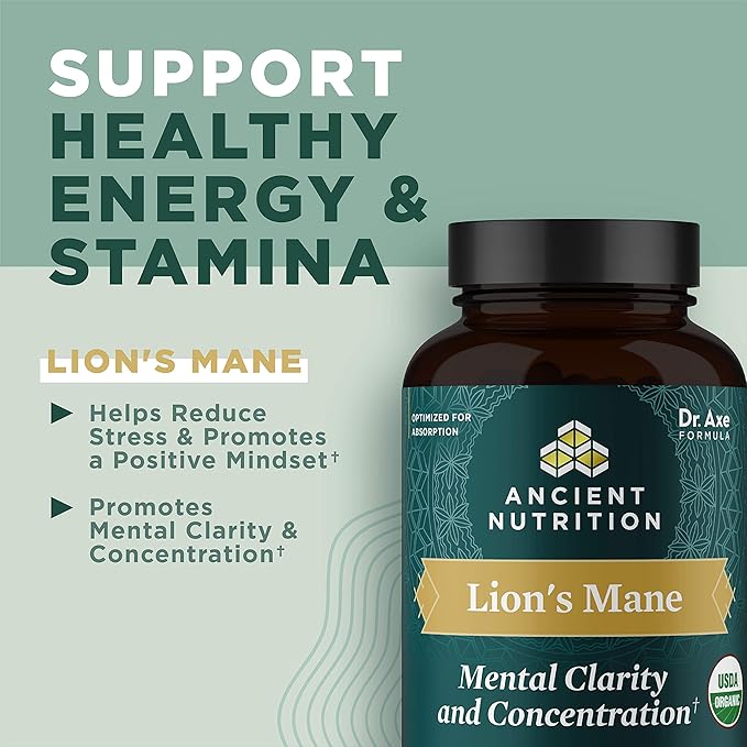 Ancient Nutrition Organic Lion's Mane Mushroom Supplement with Ashwagandha, Organic Lion's Mane Supports Healthy Energy and Concentration, Reduces Fatigue, Gluten Free and Keto Friendly, 30 Tablets