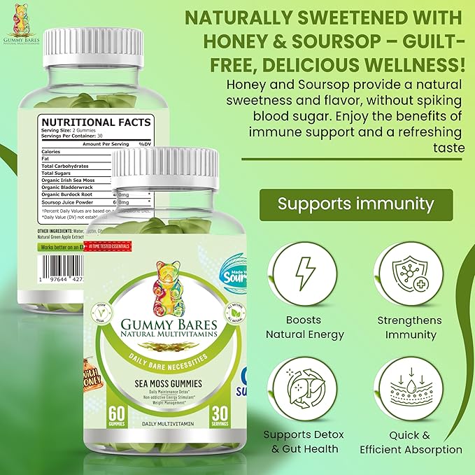 Sea Moss, Bladderwrack, Burdock Root & Soursop Gummies | Immune Support, Joint Inflammation Support, Energy Boost, 0g Sugar | Vegan, 60 Count