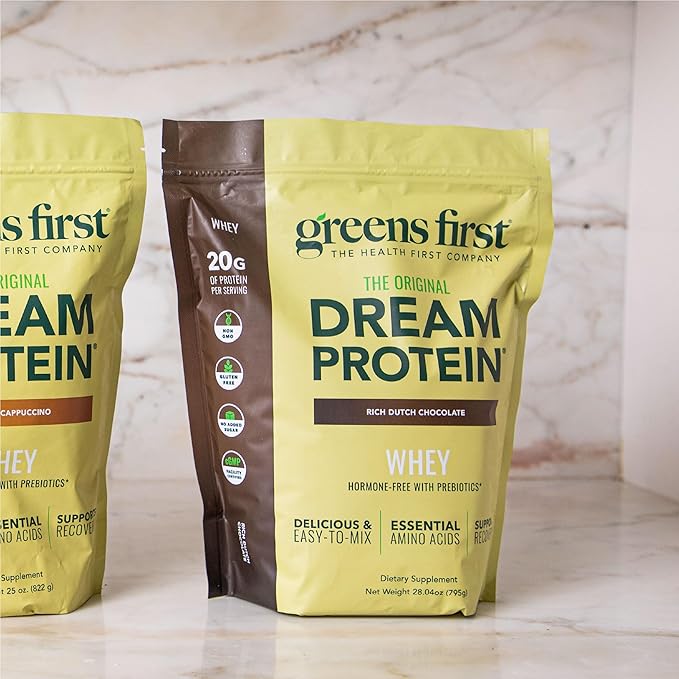 Greens First Dream Protein Powder Whey - 20g Protein Per Serving - Hormone-Free with Prebiotics - Non-GMO - No Artificial Sweeteners/MSG/Aspartame (Rich Dutch Chocolate, 28.04 oz)