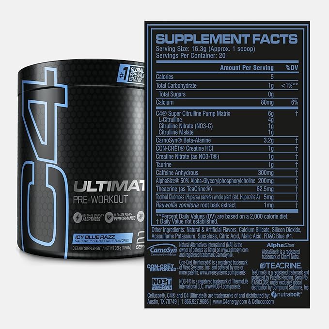 Cellucor C4 Ultimate Pre Workout Powder ICY Blue Razz - Sugar Free Preworkout Energy Supplement for Men & Women - 300mg Caffeine + 3.2g Beta Alanine + 2 Patented Creatines - 20 Servings