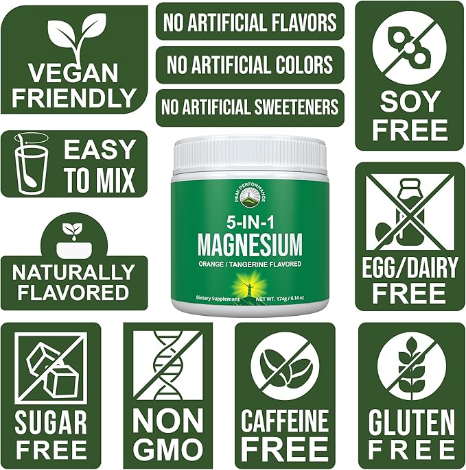 5-in-1 Magnesium Powder Drink for Women & Men. Magnesium Glycinate + Citrate + Malate + Chelate + Taurate. Great Tasting Vegan Supplement for Muscle Relaxation, Sleep, Cramps. Orange Flavor