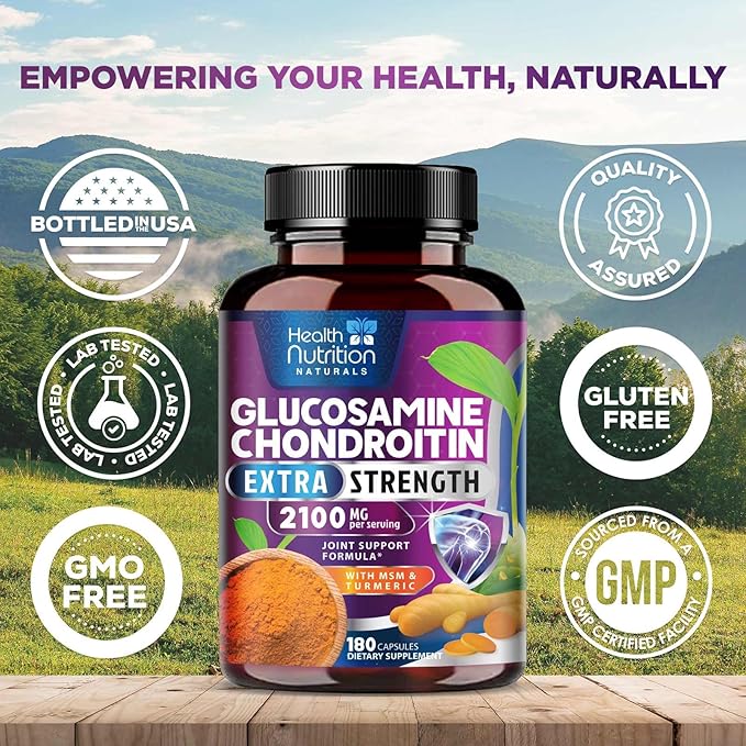 Glucosamine Chondroitin MSM Complex - 2100mg Joint Support Supplement with Turmeric & Boswellia - Quercetin for Joints, Bones, Knees & Mobility - Triple Strength Glucosamine Sulfate - 180 Capsules