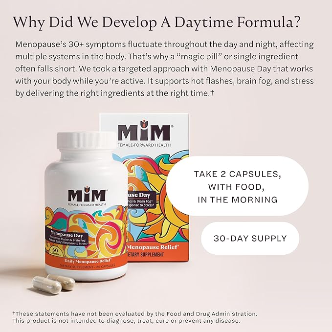 MiM Menopause Day Relief for Women: Powerful, Hormone-Free Relief† for Hot Flashes, Brain Fog, Mood, Fatigue, OBGYN-Recommended Supplement, Clinically-Proven, 60 Capsules (30-Day Supply)