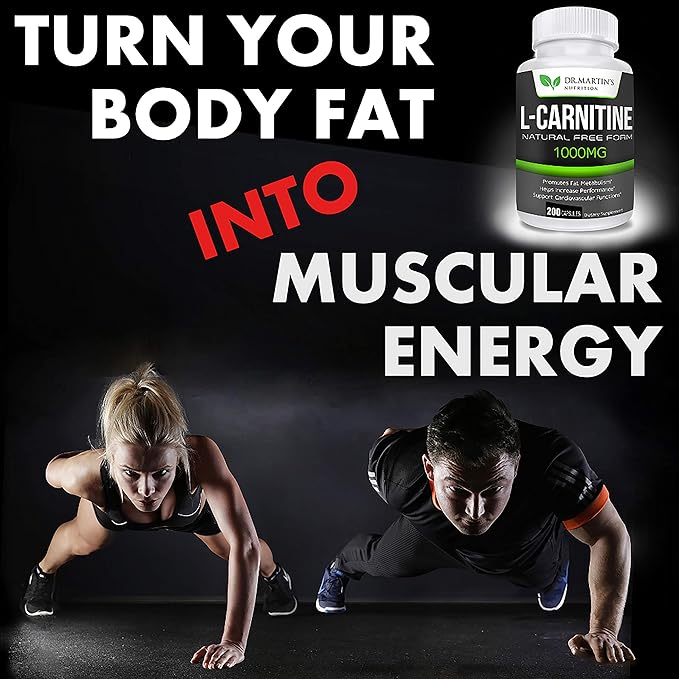 DR. MARTIN'S NUTRITION Extra Strength L-Carnitine - 200 Capsules - 1000mg Per Serving - Boost Your Metabolism and Increase Performance