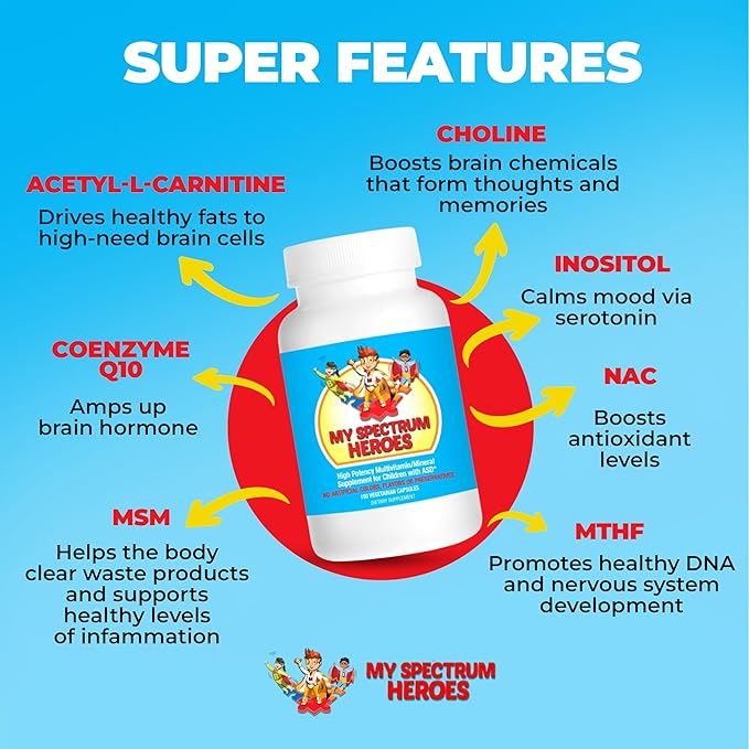 Children's Multivitamin Supplement - Acetyl-l-carnitine, Choline, Coenzyme Q10, Inositol, MSM, MTHF, NAC for Daily Nutritional Help and Cognitive Health (150 Capsules)