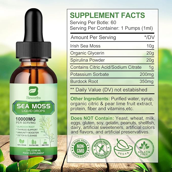Sea Moss Liquid Drops - Organic Irish Sea Moss Gel with Spirulina, Bladderwrack, Burdock Root, Seamoss Gel Supplement for Immune, Joint, Detox Cleanse & Digestion Support - 2 Fl Oz, Vegan