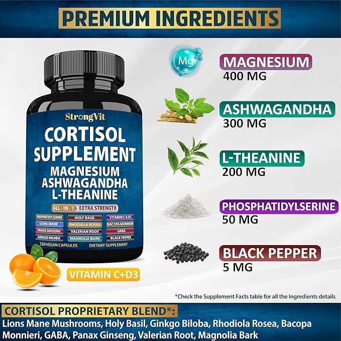 Cortisol Supplements for Women and Men with Magnesium, Ashwagandha & L-Theanine. High Cortisol Reducer, Manager, Detox, Lower and Control. Sleep Support & Stress Relief, USA (120 Capsules)