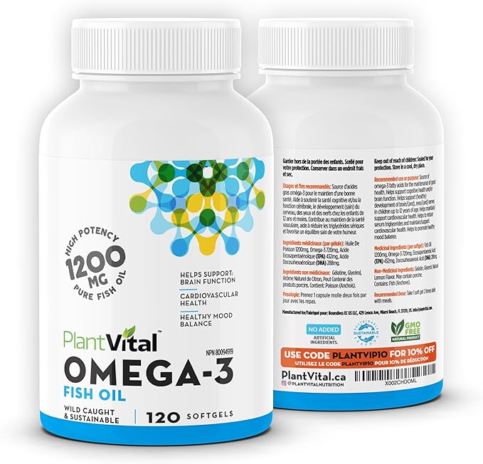 Plantvital Omega 3 Capsules- Pure Norwegian Omega 3 Fish Oil Supplements - Triple Strength- No Fish Flavor- Molecularly Distilled- Cognitive, Joint, Eye, Hair and Heart Health support-120 Capsules