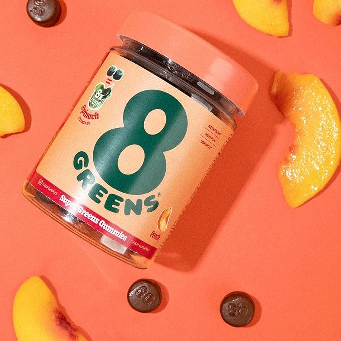 8Greens Supergreens Gummies | Super Greens Powder Superfood Gummy for Metabolism, Immunity & Focus, Digestive Health Enzymes, Organic: Chlorella, Spirulina, Aloe Vera, Peach Flavor, 300 Count