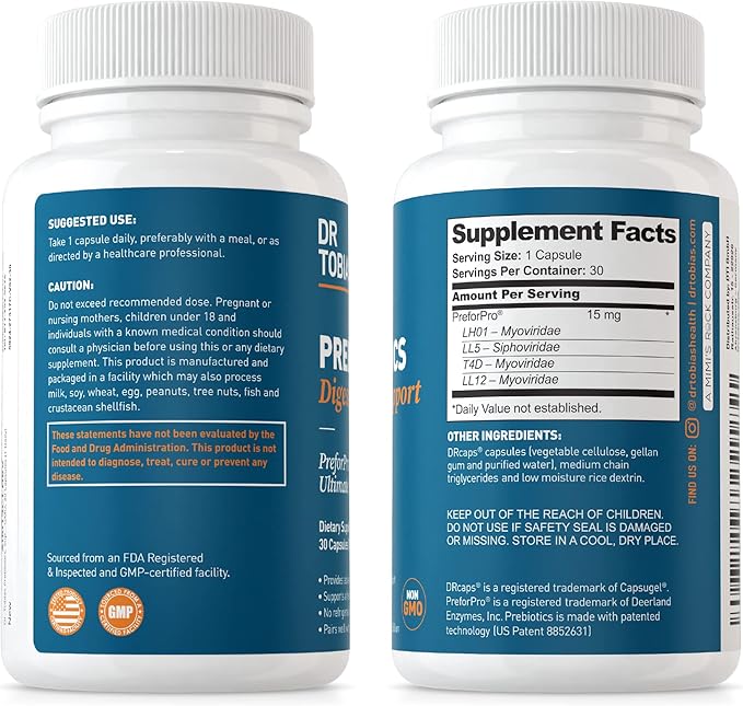 Dr. Tobias Prebiotics, Supports Digestion & Gut Health, Feed Good Probiotic Bacteria, Boost Gut Immune Function, Vegan & Non-GMO Gut Health Supplements for Men and Women, 30 Capsules, 30 Servings