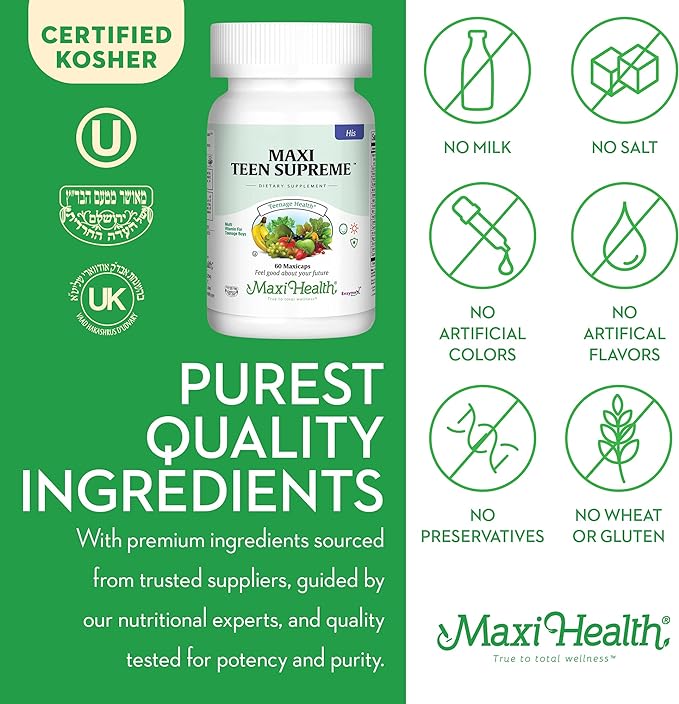 Maxi Health Teen Supreme HIS Vitamins for Teen Boys (60) - Teen Multivitamin for Young Men Ages 12 17 - Daily Teen Vitamins for Nutrition, Energy, Immune Support, Antioxidants & Teen Boy Needs