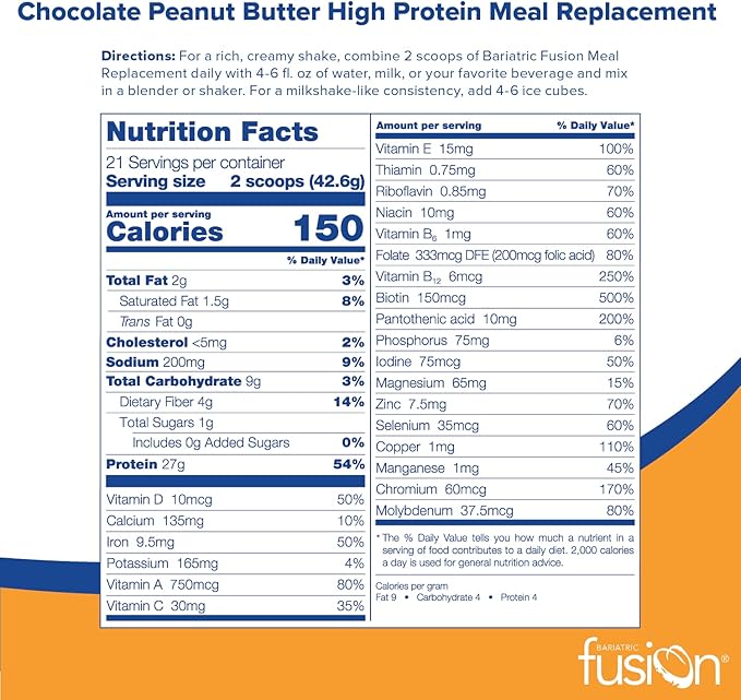 Bariatric Fusion Meal Replacement Protein 21 Serving Tub Chocolate Peanut Butter for Bariatric Surgery Patients Including Gastric Bypass & Sleeve Gastrectomy