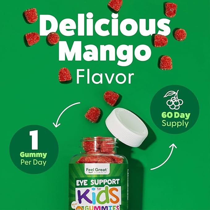 Feel Great Kids Gummy Vitamins for Eyes | Essential Eye Vitamins Lutein and Zeaxanthin | Mango Flavored Vegan Eye Vitamins for Kids | Gluten Free | 60 Day Supply