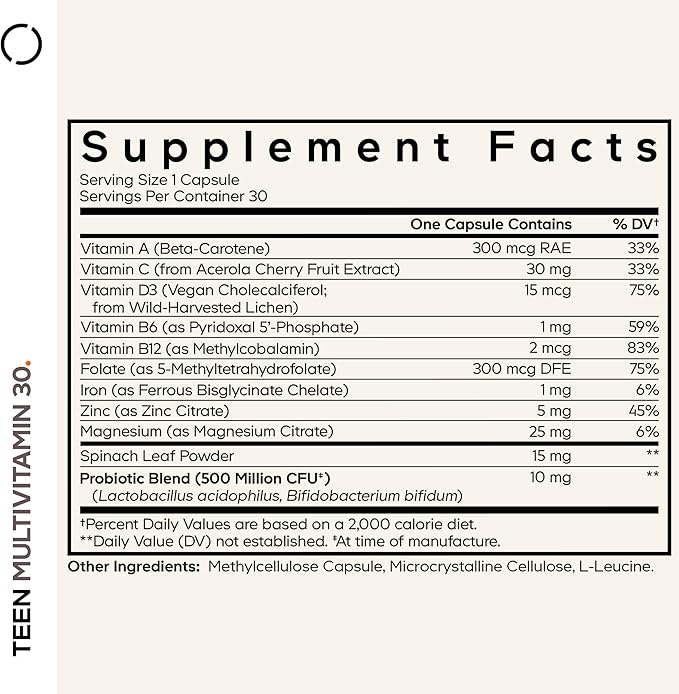 Codeage Teen Multivitamin - Vitamins A, C, D3, B6, B12, Folate, Zinc, Magnesium, Iron, Probiotics, Fermented Spinach - Multivitamins for Teenage Boys and Girls - Non-GMO, Gluten-Free - 30 Capsules
