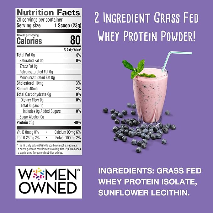 100% Grass Fed Whey Protein Powder - Only 2 Ingredients, Unflavored, Unsweetened, Gluten Free, No Soy, 20g Protein - Zero Sugar, No Carb Clean Protein - Muscle Growth and Recovery 1LBS