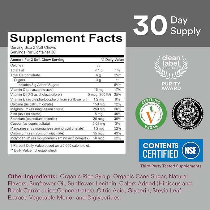 SmartyPants Kids Mineral Chews: Magnesium Citrate & Calcium Supplement with Vitamin D3, Vitamin C, K2, Zinc & Selenium for Immune Support, 60 Count (30 Day Supply)
