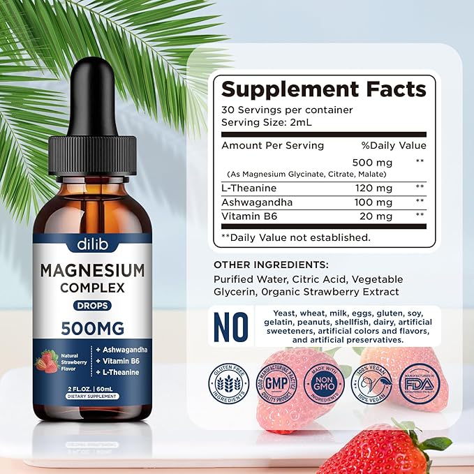 Triple Magnesium Complex Supplement-Magnesium Glycinate, Citrate, Malate Liquid Drops 500mg with Ashwagandha, L-Theanine, Vitamin B6 for Stress Relief, Sleep, Muscle Support-Strawberry Flavor