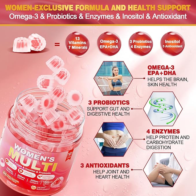 Sugar-Free Womens Multivitamin Gummies, Methylated Multivitamin for Women/w Omega-3, Calcium, Enzymes & Probiotic, Vitamin A, C, D3, Folate, Biotin, Inositol - Skin, Hair Growth, Immune, Bone - Vegan