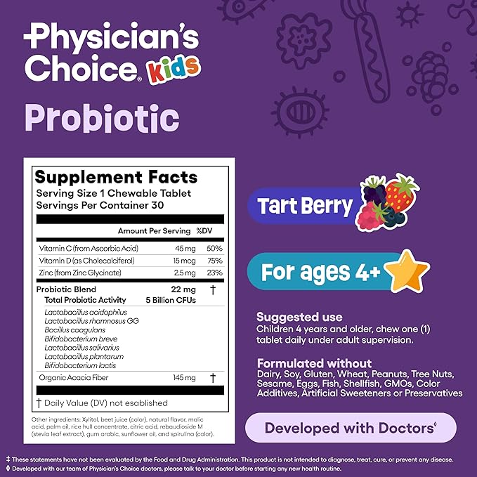 Physician's CHOICE Probiotics for Kids - 7 Diverse Strains, Organic Prebiotics, Vitamins & Minerals - Clinically Studied L. Rhamnosus GG - Immune & Digestive Support - No Sugar or Artificial Dyes