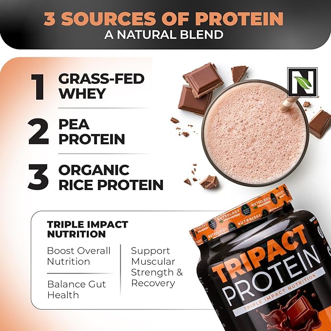 Nutrology TRIPACT Protein Powder, Creamy Chocolate, 7-in-1 Meal Replacement Shake with Grass Fed Whey Protein Powder, Pea Protein Powder, Greens, Probiotics & BCAAs, 40 Servings