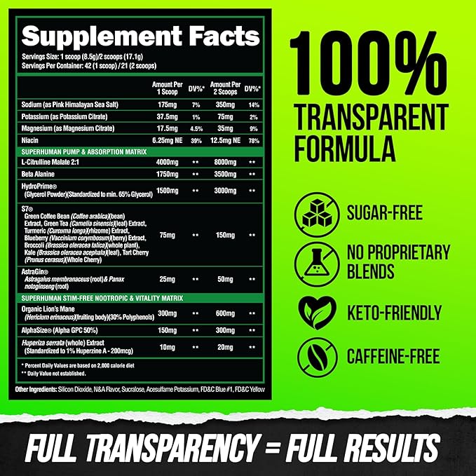 ALPHA LION Superhuman Pump Pre Workout Powder, Nootropic Caffeine & Stim Free Preworkout Supplement, Nitric Oxide Booster, Muscle Gainer, Energy & Focus (42 Servings, Hulk Juice Flavor)