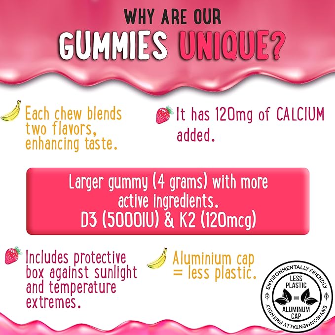 Center-Filled Vitamin D3 K2 Gummies - Kids, Teens & Adults - Supplement for Healthy Teeth, Bone, Energy & Immunity - 5000 IU D3, 120 mcg K2(MK-7), 120 mg Calcium - Vegan & Non-GMO - 60 Count