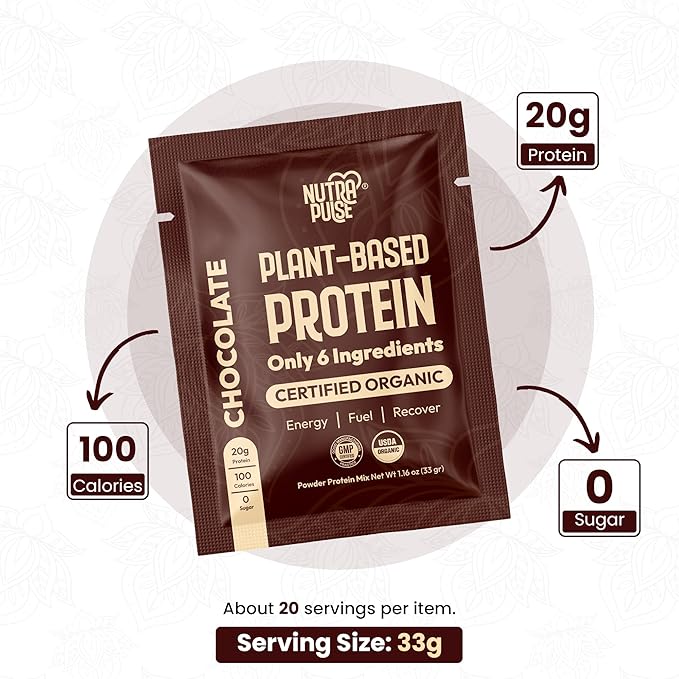 Organic Vegan Protein Powder Sample Pack – Chocolate Flavor – Plant-Based, Gluten-Free, Non-GMO, Dairy-Free – 20g Protein Per Serving – Ideal for Smoothies & Shakes – 24 Count