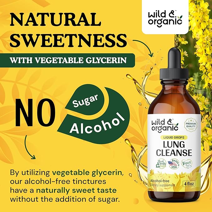 Wild & Organic Lung Cleanse Tincture - Mullein Drops for Lungs - Herbal Lung Detox and Cleanse - Lung Support Supplement - Vegan, Alcohol Free Drops - 4 fl oz