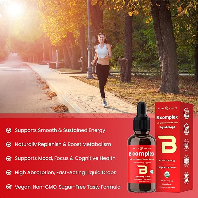 USDA Organic Vitamin B Complex Liquid Drops | B Vitamins Complex Supplement with B1, B2, B3, B6, B7, B9 & Methyl B12 Drops for Adults & Kids | Vegan Berry Flavor 2oz | 60 Servings / 2 Month Supply