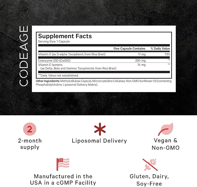 Codeage Liposomal CoQ10 Max Supplement - 250 mg Coenzyme Q10 with Vitamin E Isomers Tocopherols - 2-Month Supply - 1 Capsule Per Serving - Liposomal Delivery - Non-GMO, Gluten-Free - 60 Capsules