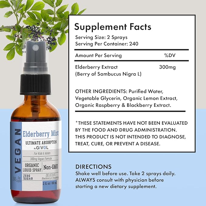 Organic Elderberry Mist - Sambucus Nigra (Extra Strength) Liquid Extract for Kids & Adults - Immune Boost - 300mg Vegan Formula - Easy Absorption - Non-GMO - 60ml (Pack of 3) - 360 Days Supply
