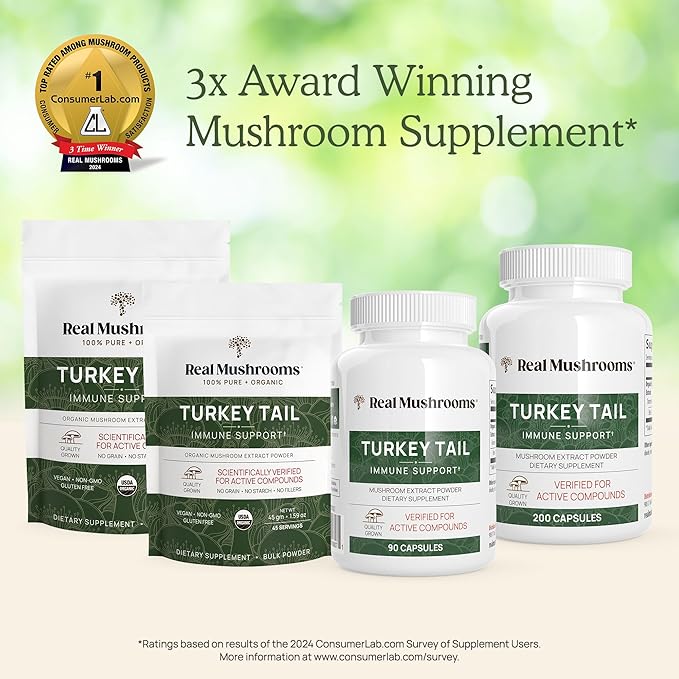 Real Mushrooms Turkey Tail Capsules - Organic Mushroom Supplement with Potent Turkey Tail Mushroom Extract for Gut, Energy, Brain, & Immune Support - Vegan Mushroom Extract, Non-GMO, 90 Caps