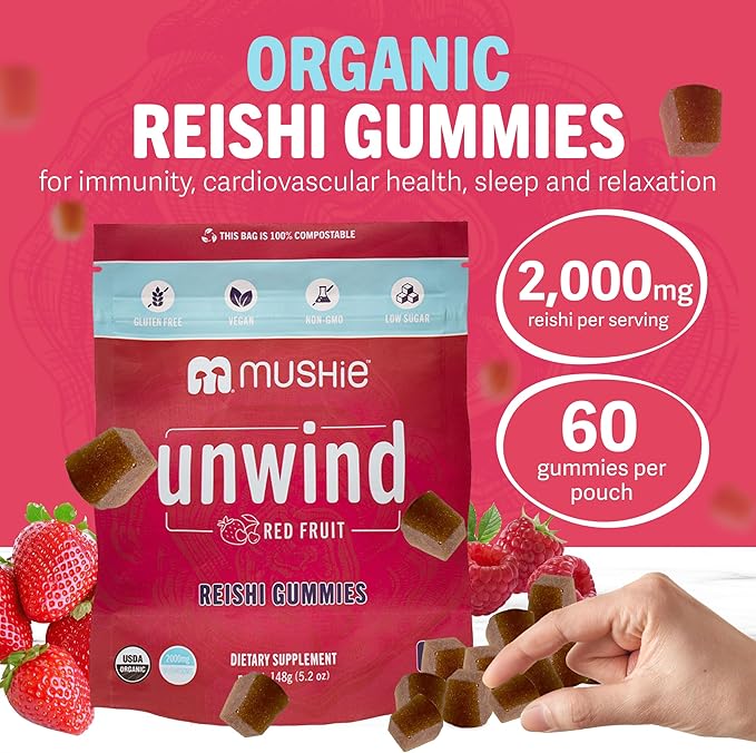 Mushie 100% Organic Reishi Mushroom Gummies - 2000mg Reishi Nootropic for Relaxation, Sleep, Cardiovascular Health & Immune Support with Vitamin D - Vegan, Gluten-Free - 60 Count