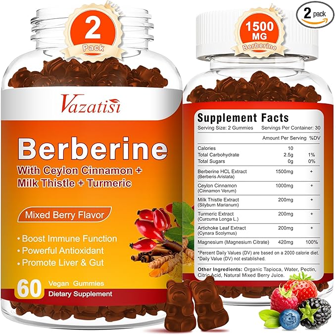 Berberine Gummies, Berberine HCL with Ceylon Cinnamons, Magnesium Citrate, Milk Thistle Supplement for Adult and Kids, Mixed Berry Flavored 120 Cts