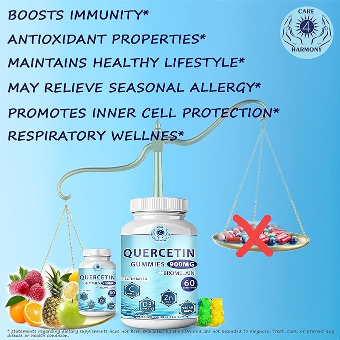 Quercetin Gummies - Quercetin with Bromelain Vitamin C + Zinc Vitamin D3 β Chewable Quercetin 900mg Supplements - Quercetin for Kids and Adults (1)
