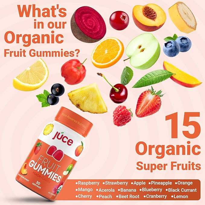 Júce Fruit Gummies with Peach Flavor - Superfood Gummies Delights for Optimal Health By Terra Kai Organics
