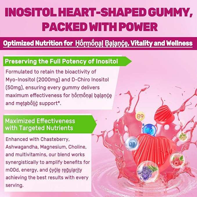 Inositol Gummies for Women + Chasteberry, Myo-Inositol & D-Chiro Inositol 2000mg + 50mg Ideal 40:1 Ratio with Methylated B12 & Folate, Choline, Magnesium, Vitamin D3 for Overall Health, Pack of 2