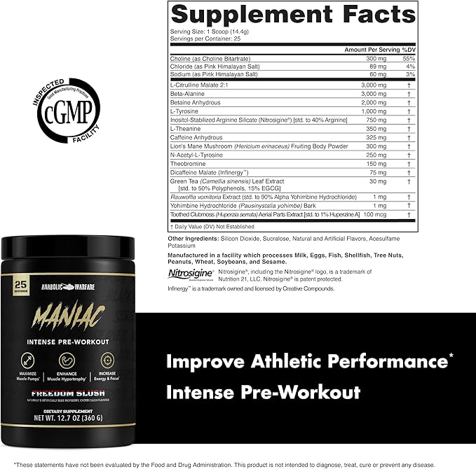 Anabolic Warfare Black Series Maniac, Pre-Workout Powder, Supports Nitric Oxide, Increase Muscle Pumps, Support Protein Synthesis*, Freedom Slush 20 Servings