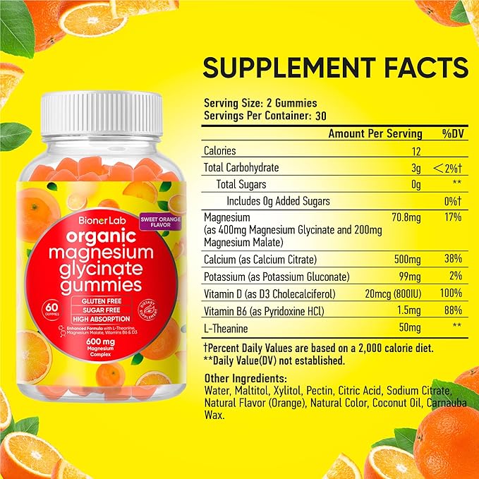 Magnesium Glycinate Chewable Gummies (600mg) for Kids & Adults Women Men - Vegan Complex with Calcium Potassium Vitamin D B6 L-Theanine - Sugar & Gluten Free - Orange Flavor