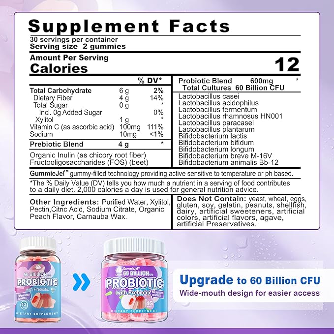 2Pack Probiotic + Prebiotics Gummies Sugar Free 60 Billion CFU, 11 Strains Probiotics Filled Gummies for Women Men Digestive Health and Gut Health, Supports Constipation, Diarrhea, Gas & Bloating