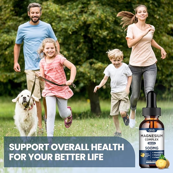 Triple Magnesium Complex Supplement-Magnesium Glycinate, Citrate, Malate Liquid Drops 500mg with Ashwagandha, L-Theanine, Vitamin B6 for Calm, Stress Relief, Sleep, Muscle Support-Pineapple Flavor